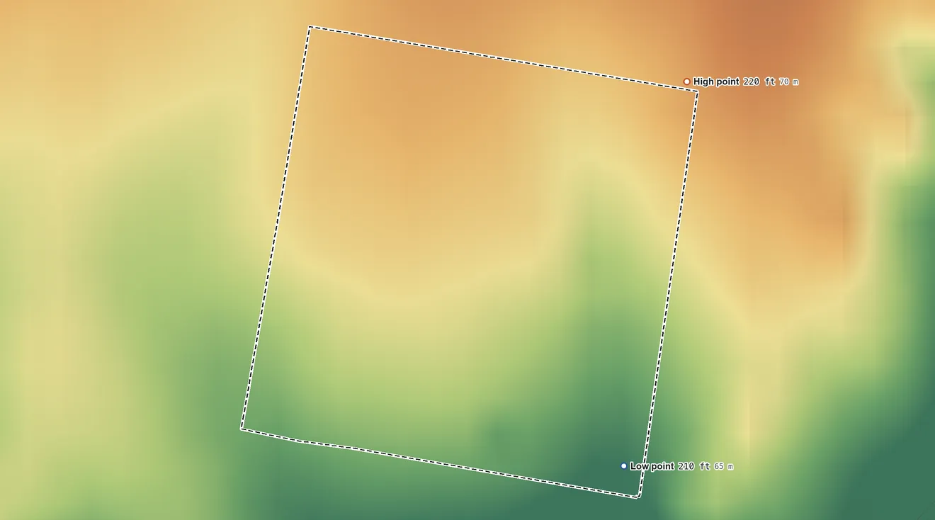 Topographic elevation map of Hilltop, Starr County, Texas, shaded from 210 ft on the southeast side to 220 ft on the northeast side