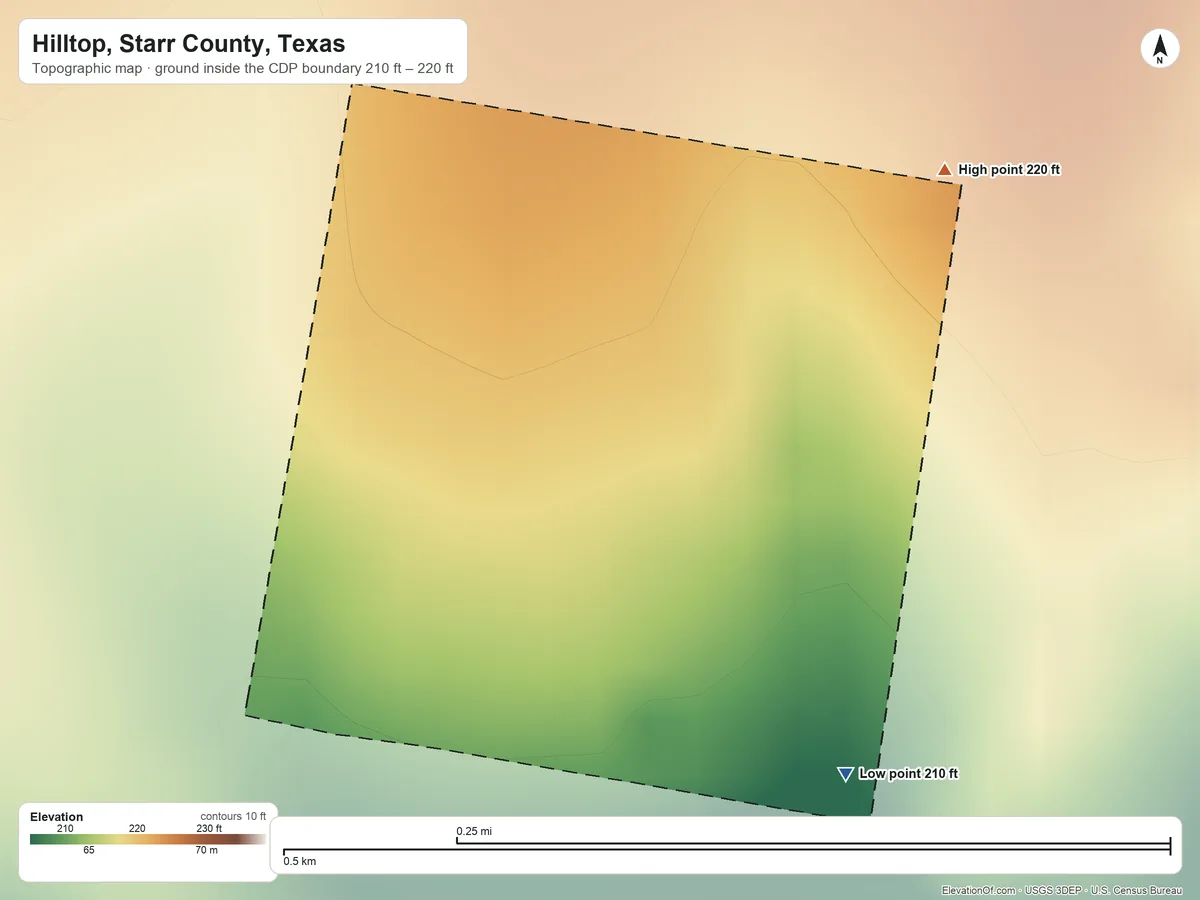Topographic elevation map of Hilltop, Starr County, Texas, shaded from 210 ft on the southeast side to 220 ft on the northeast side