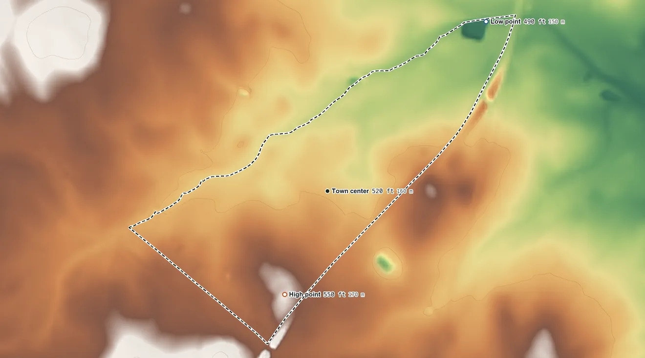 Topographic elevation map of Hilltop, Texas, shaded from 490 ft on the northeast side to 550 ft on the south side