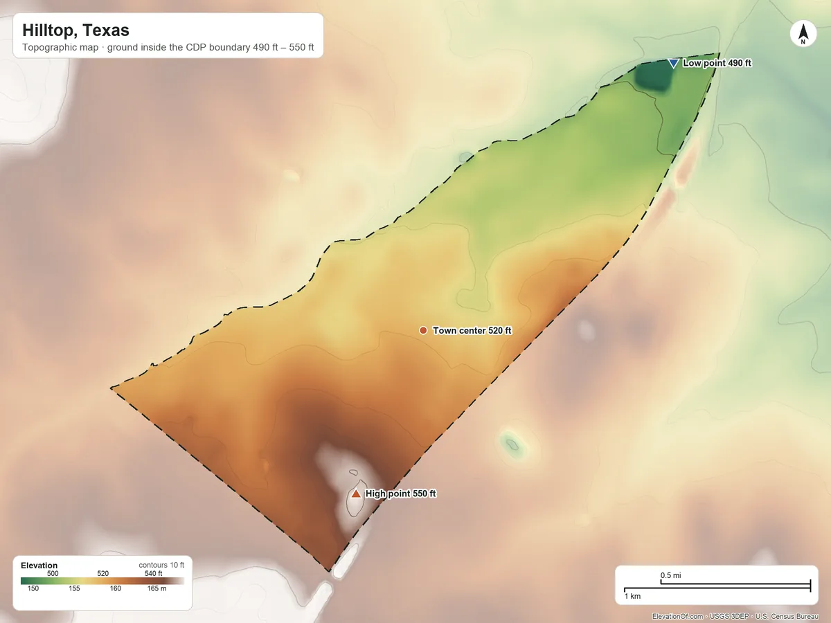 Topographic elevation map of Hilltop, Texas, shaded from 490 ft on the northeast side to 550 ft on the south side