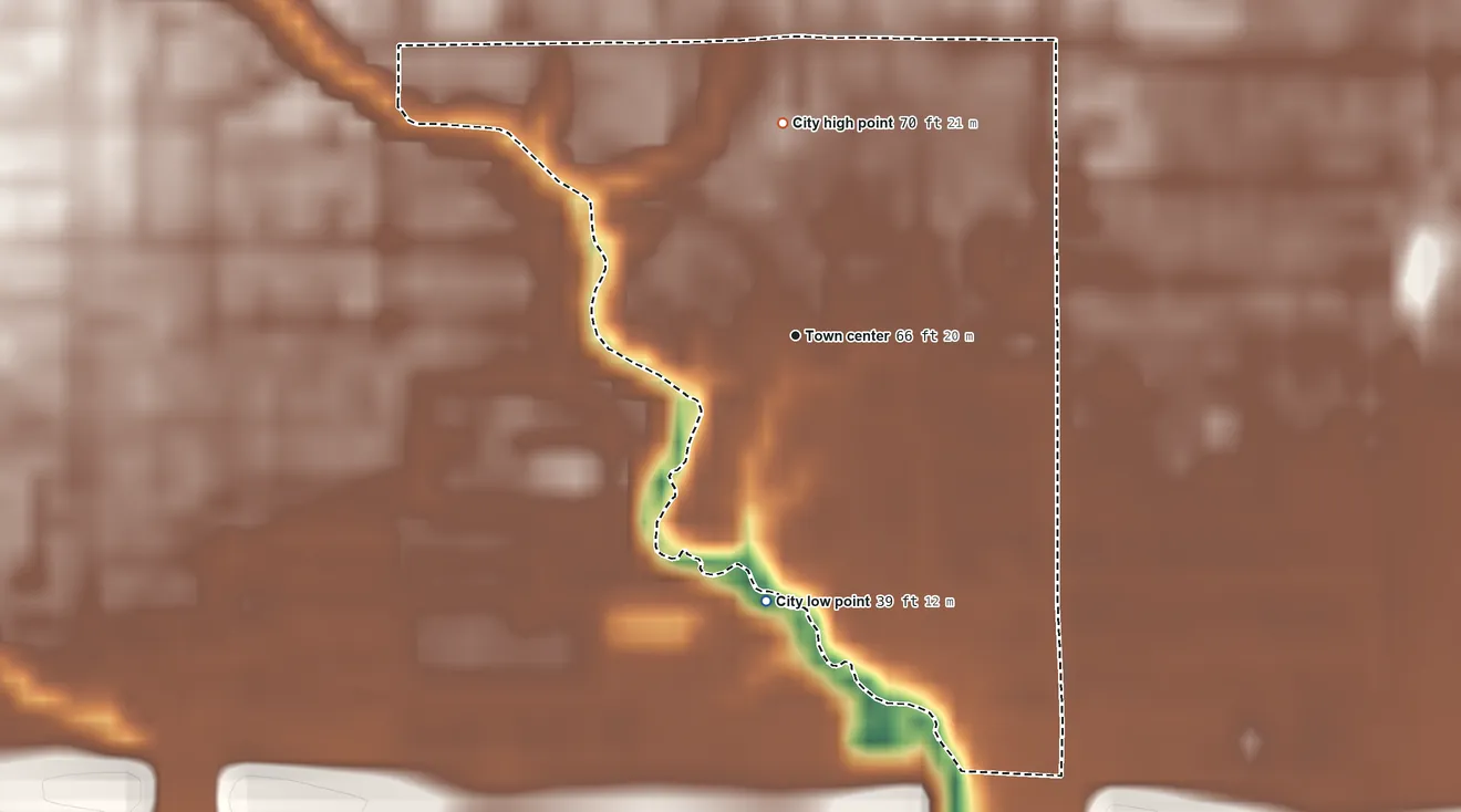 Topographic elevation map of Hilshire Village, Texas, shaded from 39 ft on the south side to 70 ft on the north side