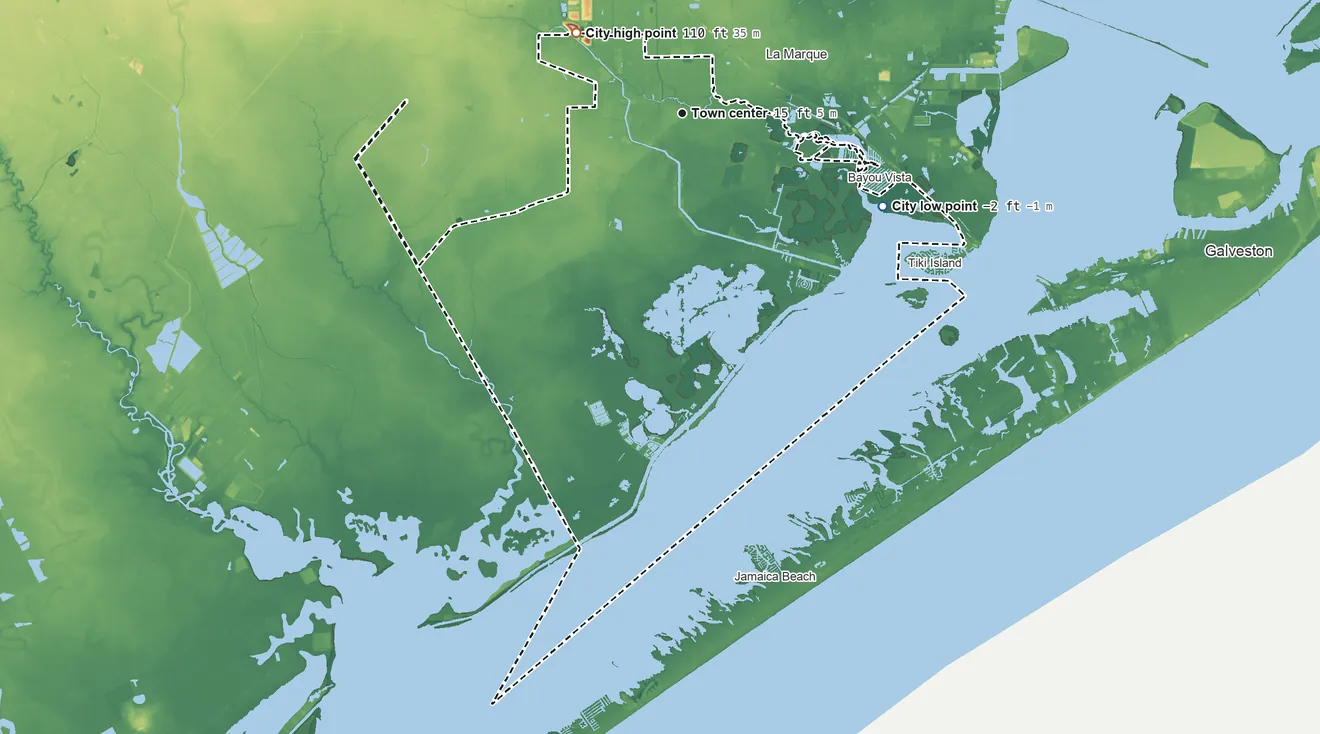 Topographic elevation map of Hitchcock, Texas, shaded from −2 ft on the southeast side to 110 ft on the northwest side
