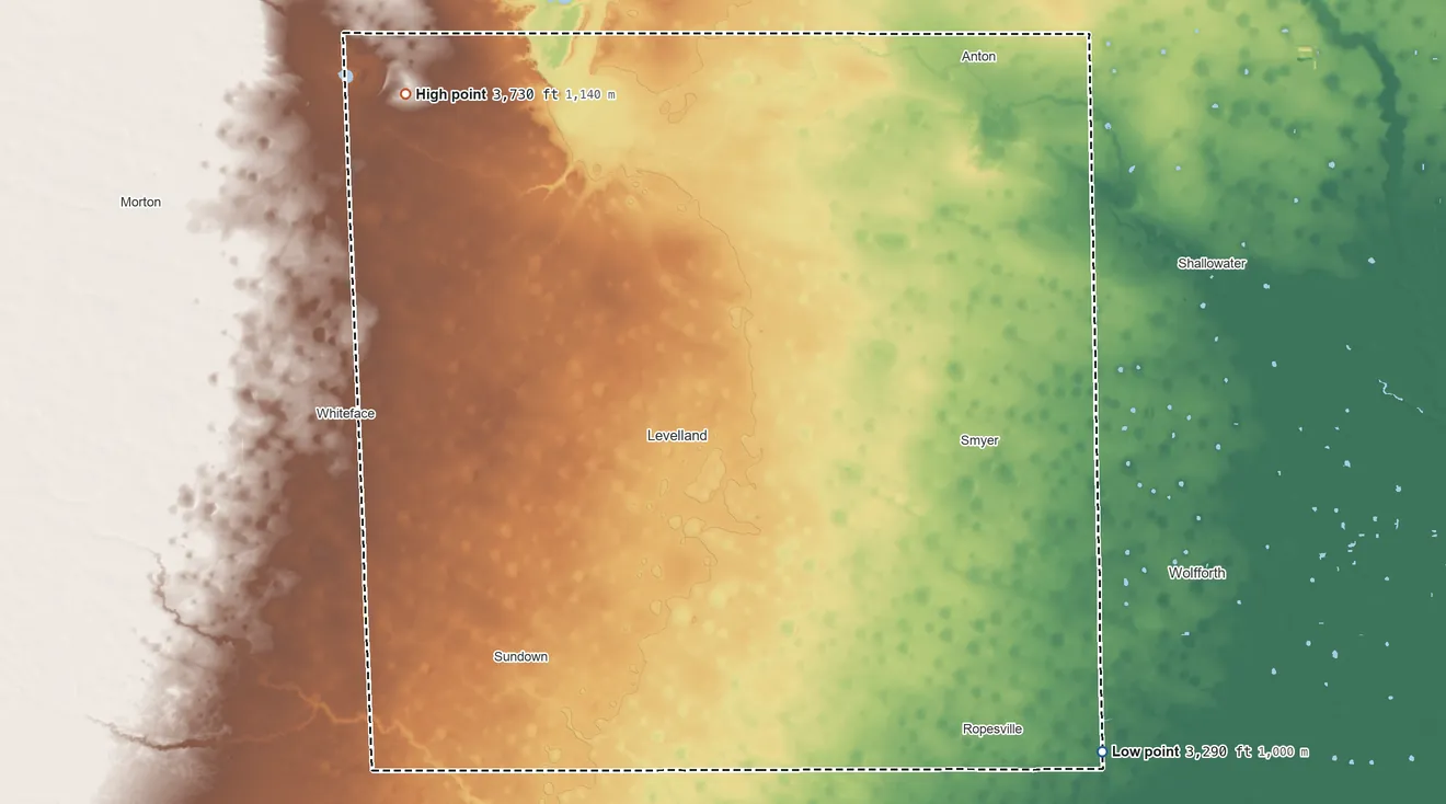 Topographic elevation map of Hockley County, Texas, shaded from 3,290 ft on the southeast side to 3,730 ft on the northwest side