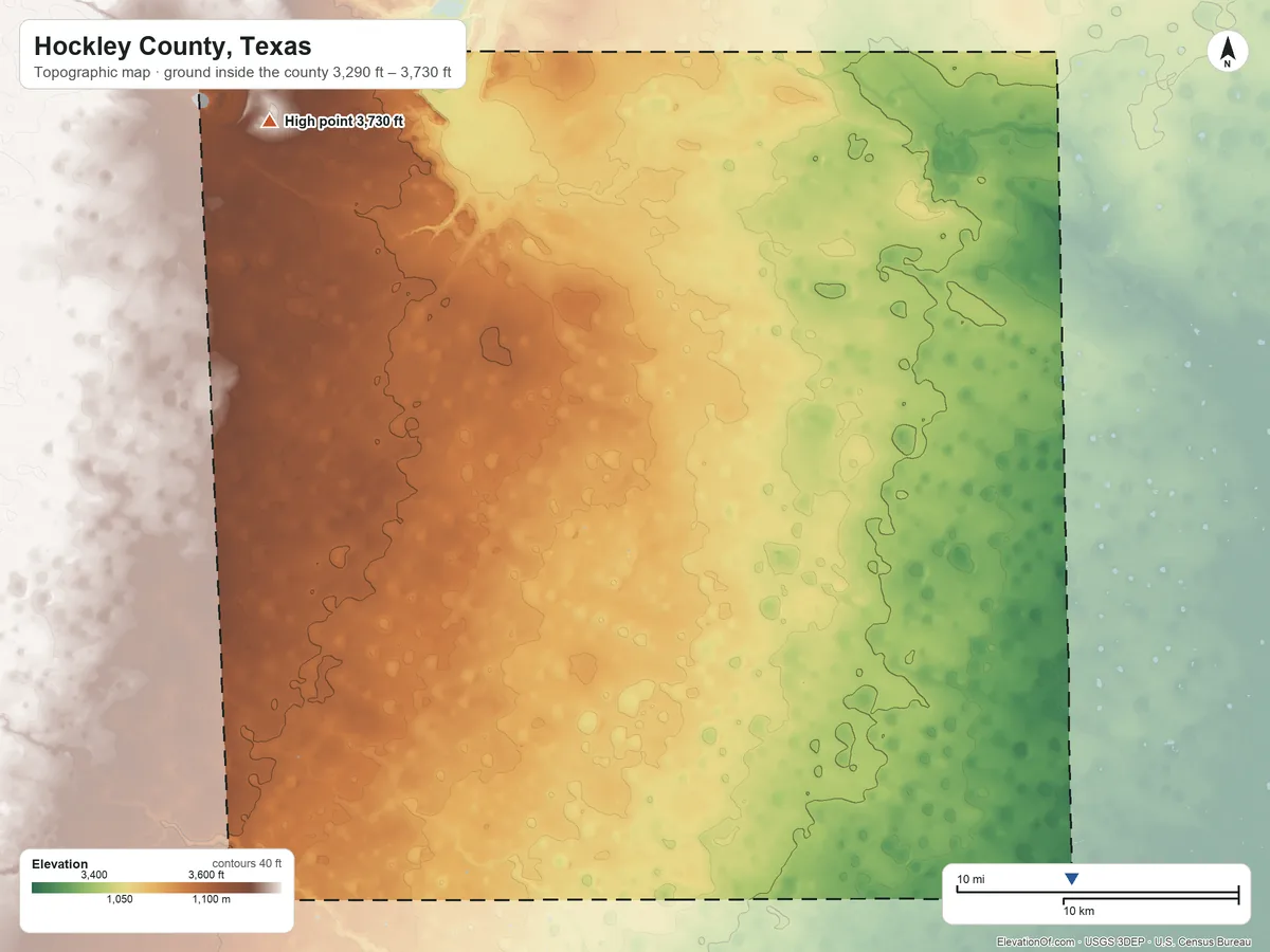 Topographic elevation map of Hockley County, Texas, shaded from 3,290 ft on the southeast side to 3,730 ft on the northwest side