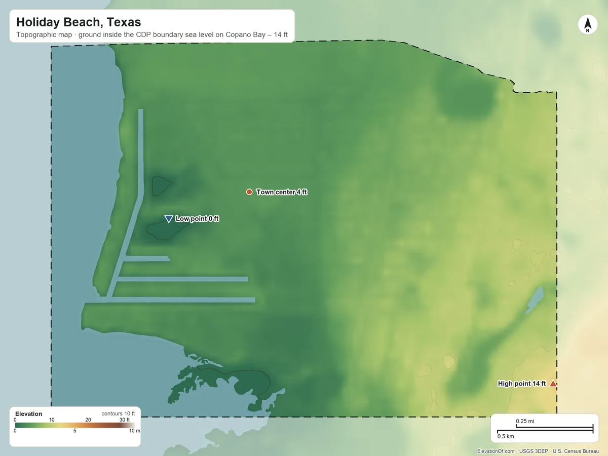 Topographic elevation map of Holiday Beach, Texas, shaded from sea level level on Copano Bay to 14 ft on the southeast side