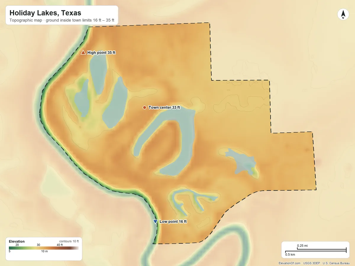 Topographic elevation map of Holiday Lakes, Texas, shaded from 16 ft on the south side to 35 ft on the northwest side