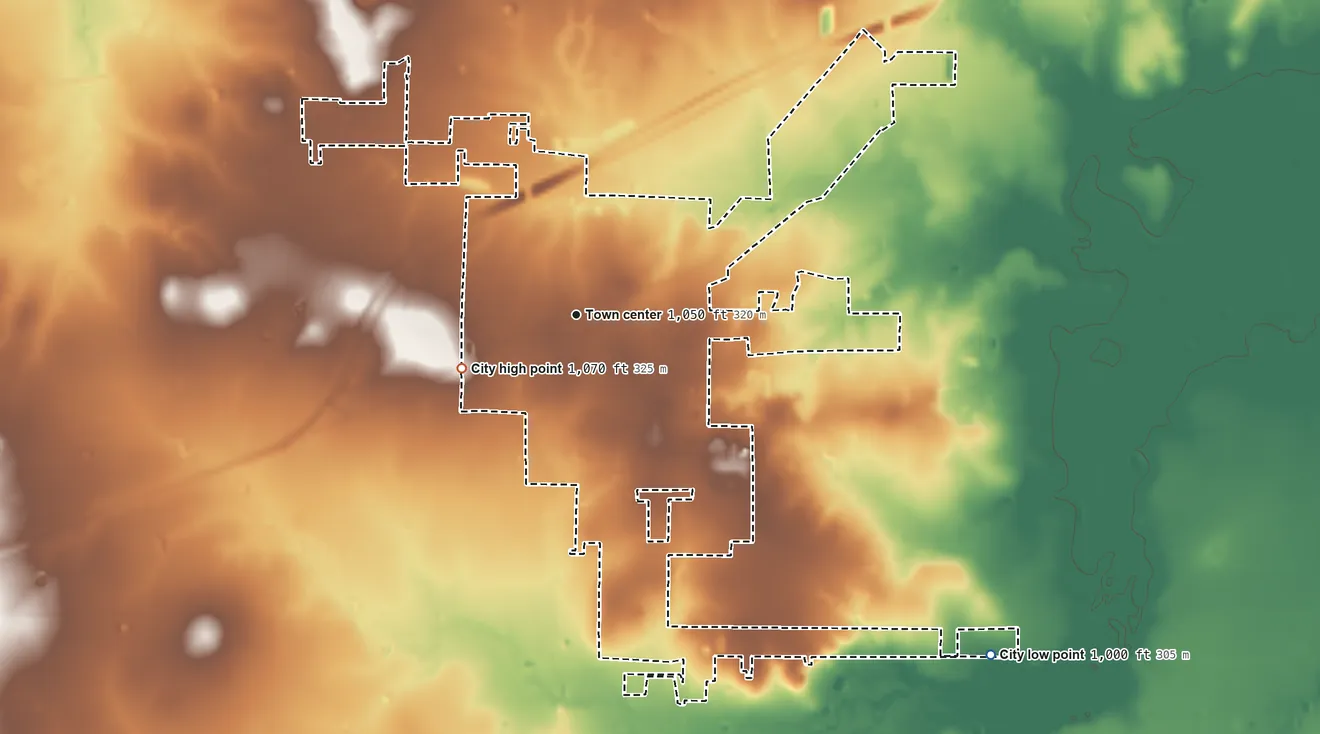 Topographic elevation map of Holliday, Texas, shaded from 1,000 ft on the southeast side to 1,070 ft on the southwest side