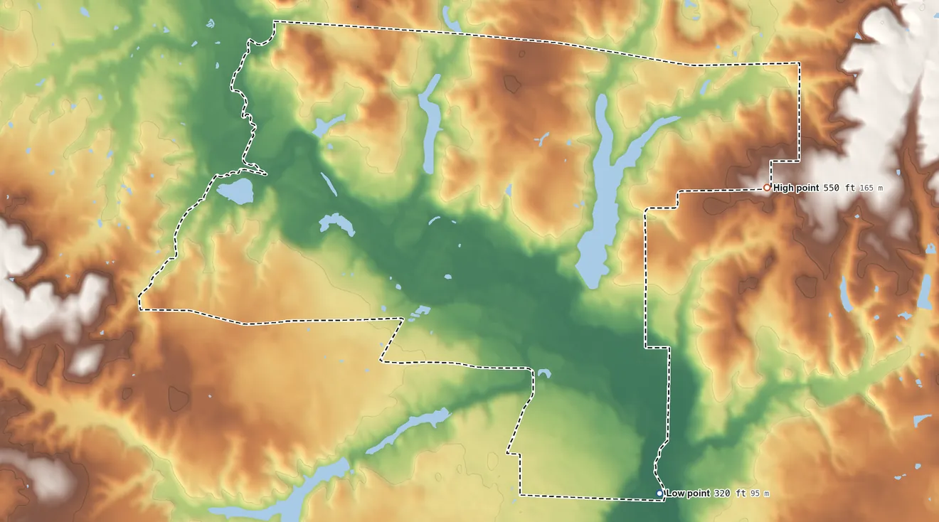 Topographic elevation map of Holly Lake Ranch, Texas, shaded from 320 ft on the south side to 550 ft on the east side