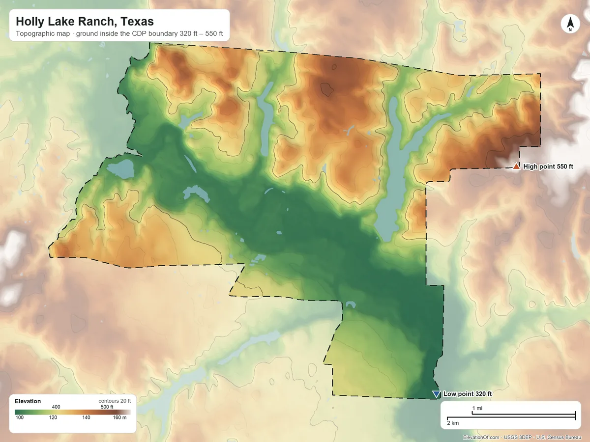 Topographic elevation map of Holly Lake Ranch, Texas, shaded from 320 ft on the south side to 550 ft on the east side