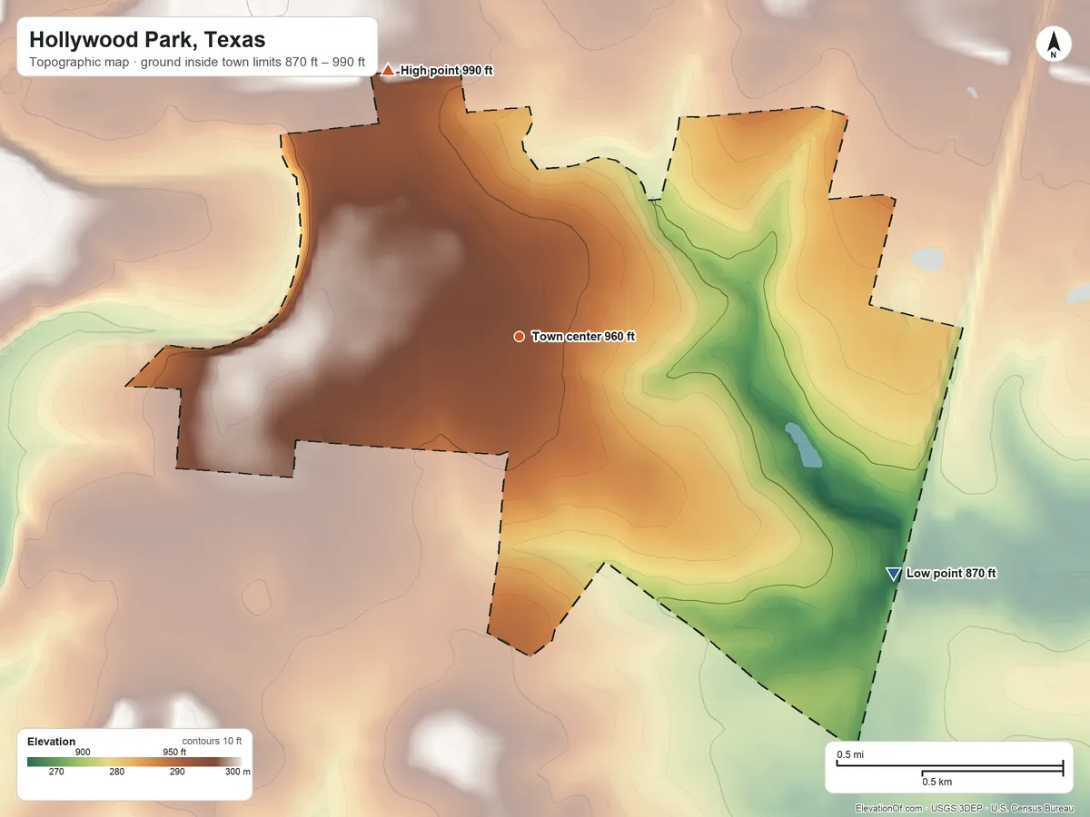 Topographic elevation map of Hollywood Park, Texas, shaded from 870 ft on the southeast side to 990 ft on the northwest side