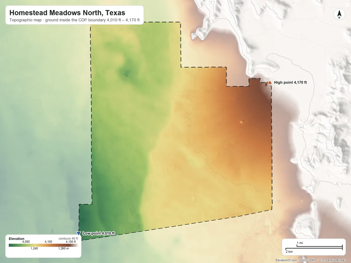 Topographic elevation map of Homestead Meadows North, Texas, shaded from 4,010 ft on the southwest side to 4,170 ft at the foot of the Hueco Mountains
