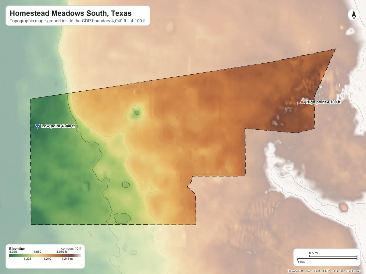 Topographic elevation map of Homestead Meadows South, Texas, shaded from 4,040 ft on the west side to 4,100 ft at the foot of the Hueco Mountains