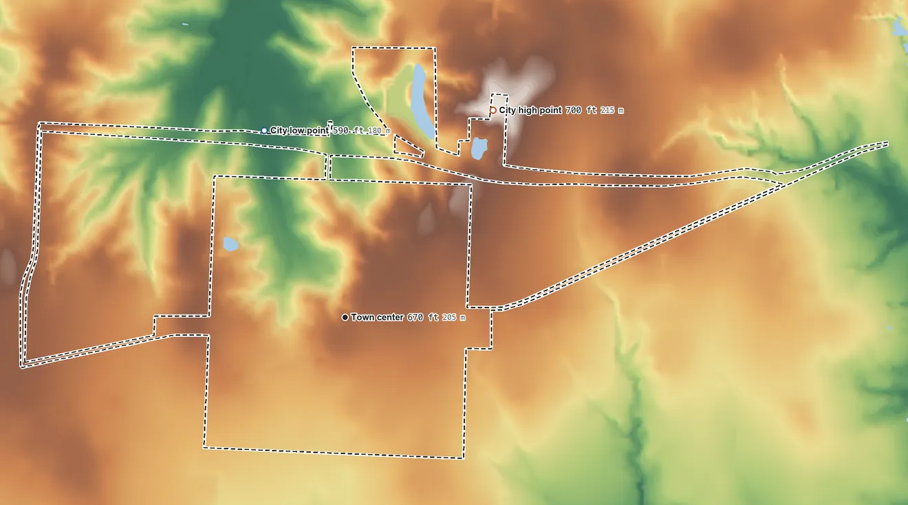 Topographic elevation map of Honey Grove, Texas, shaded from 590 ft on the northwest side to 700 ft on the northeast side