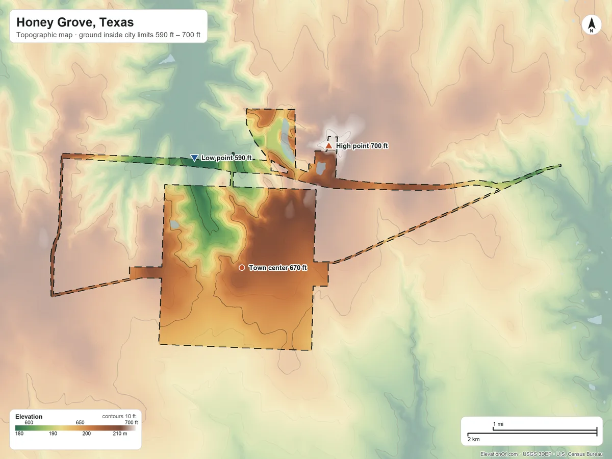 Topographic elevation map of Honey Grove, Texas, shaded from 590 ft on the northwest side to 700 ft on the northeast side