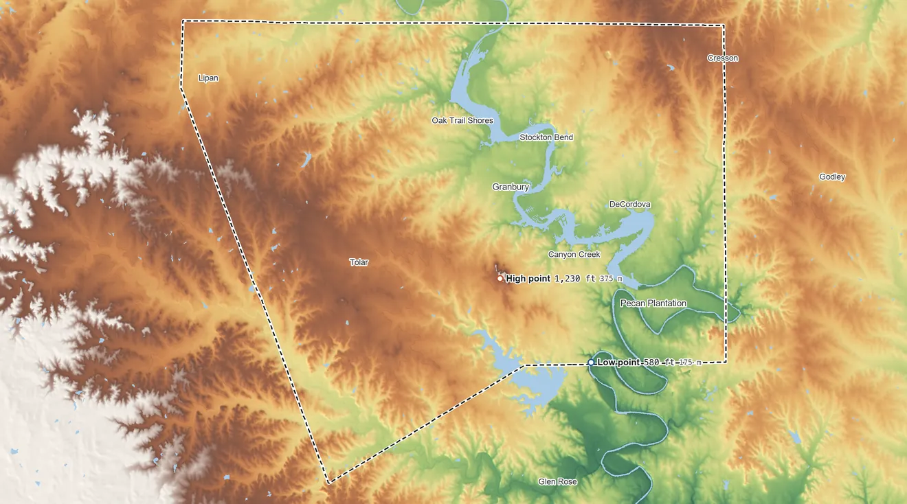 Topographic elevation map of Hood County, Texas, shaded from 580 ft on the southeast side to 1,230 ft on Comanche Peak