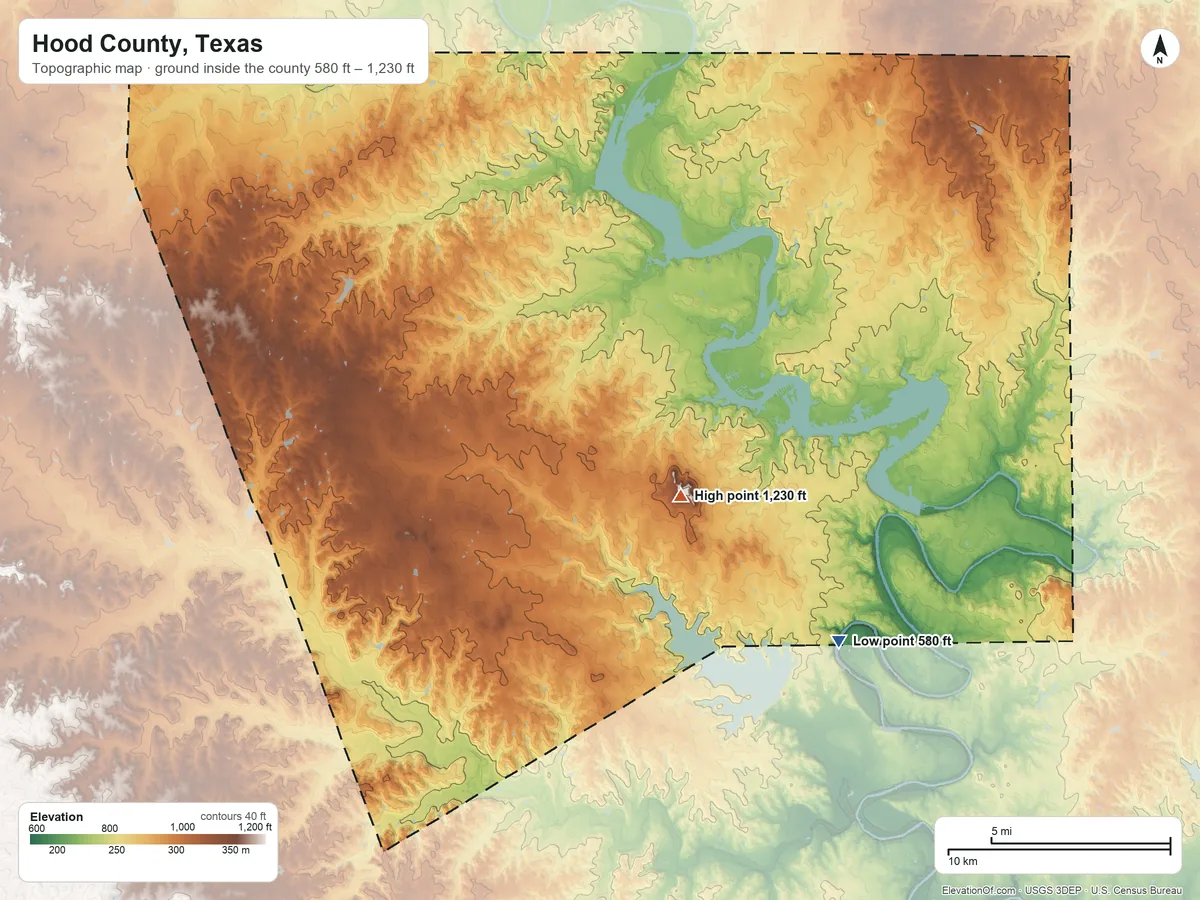 Topographic elevation map of Hood County, Texas, shaded from 580 ft on the southeast side to 1,230 ft on Comanche Peak