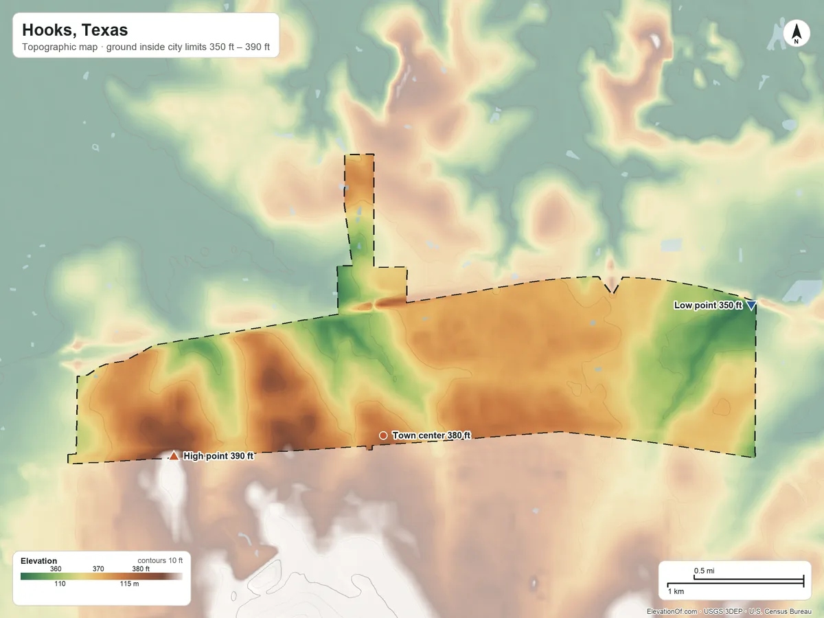 Topographic elevation map of Hooks, Texas, shaded from 350 ft on the east side to 390 ft on the west side