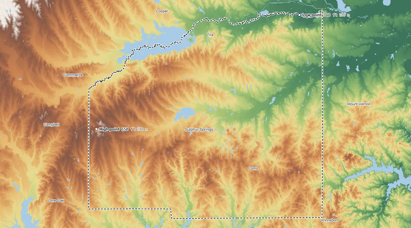 Topographic elevation map of Hopkins County, Texas, shaded from 340 ft on the northeast side to 650 ft on the west side