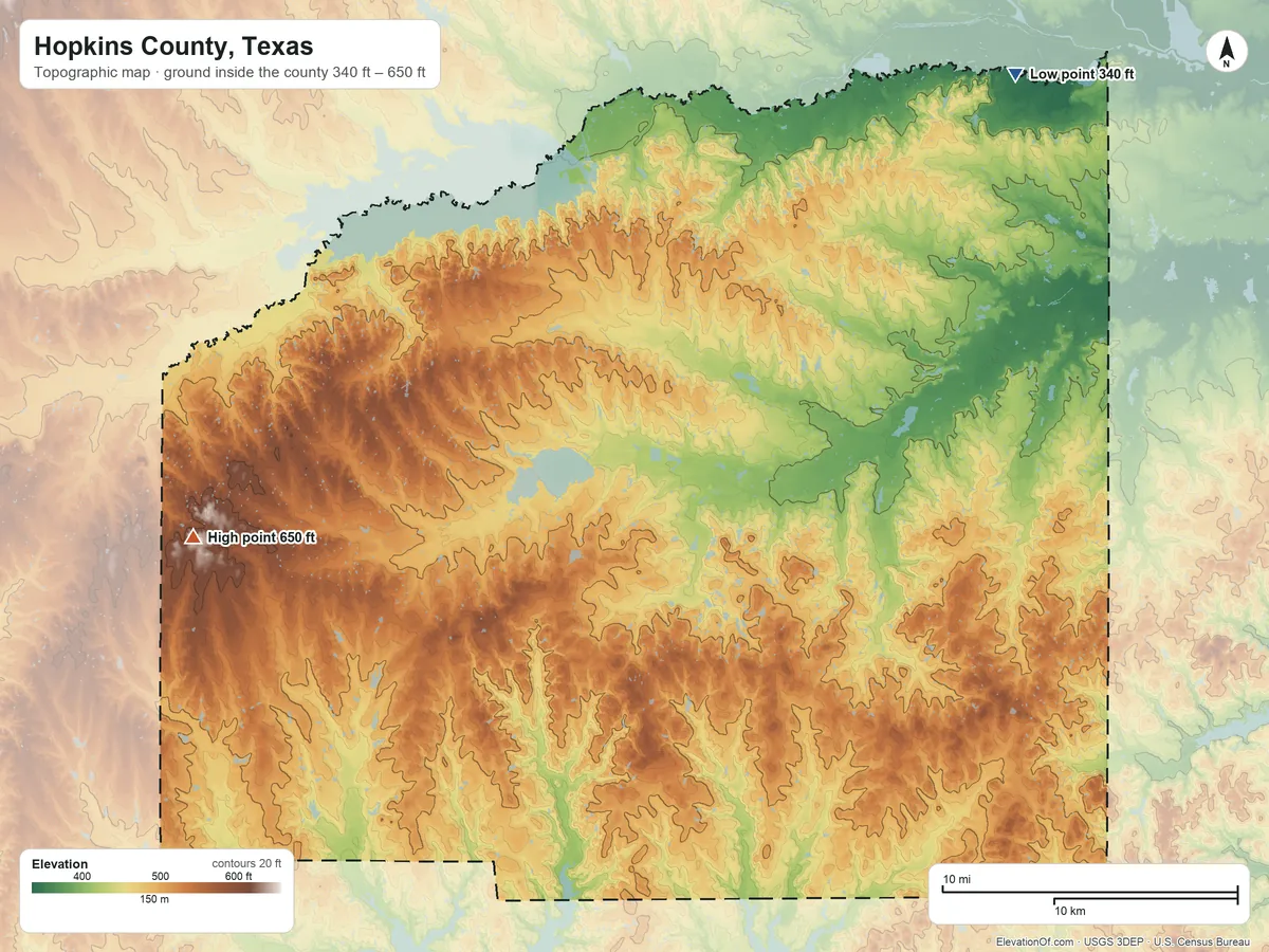 Topographic elevation map of Hopkins County, Texas, shaded from 340 ft on the northeast side to 650 ft on the west side
