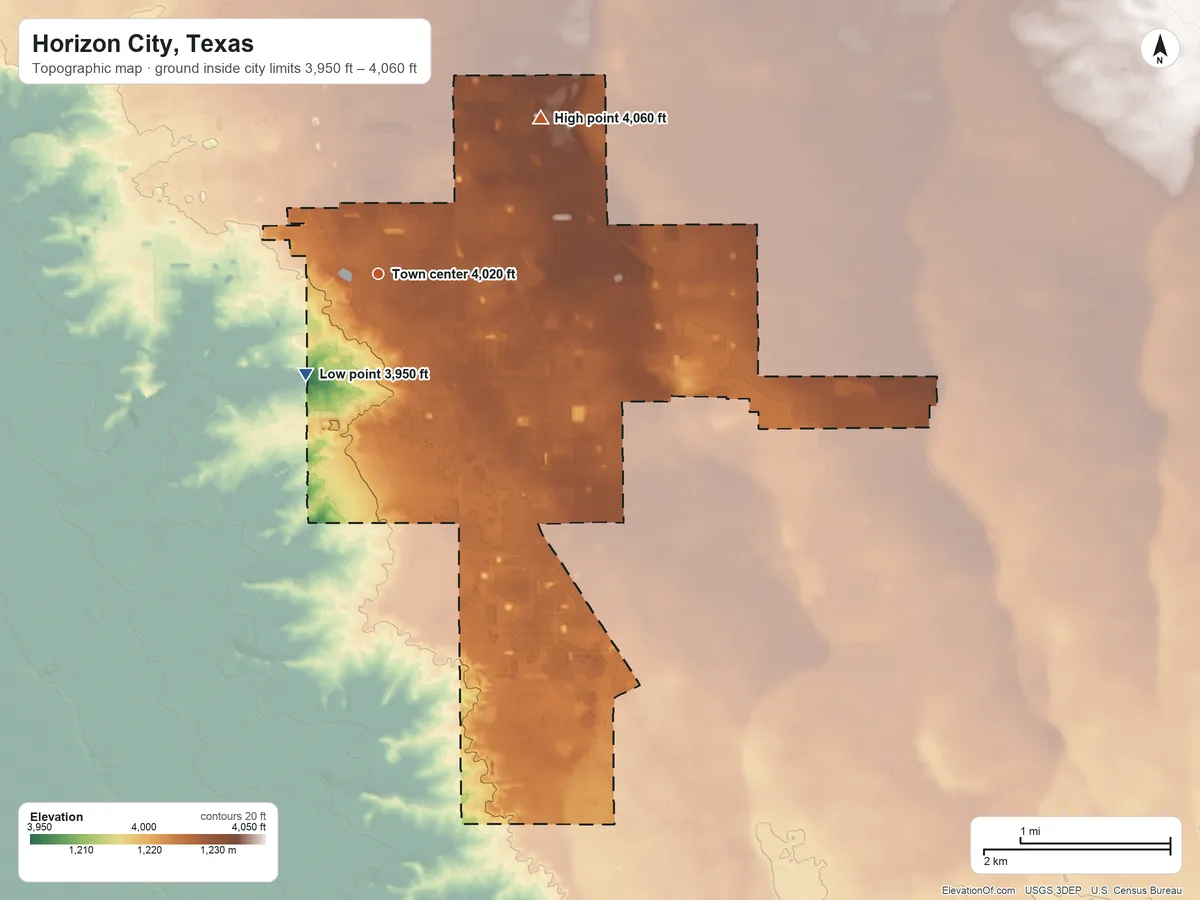 Topographic elevation map of Horizon City, Texas, shaded from 3,950 ft on the southwest side to 4,060 ft on the northeast side