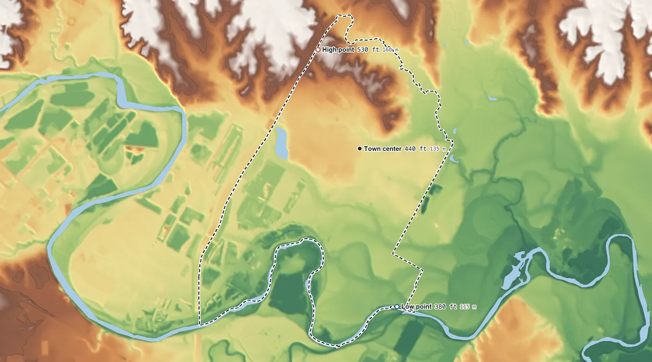 Topographic elevation map of Hornsby Bend, Texas, shaded from 380 ft on the south side to 530 ft on the northwest side