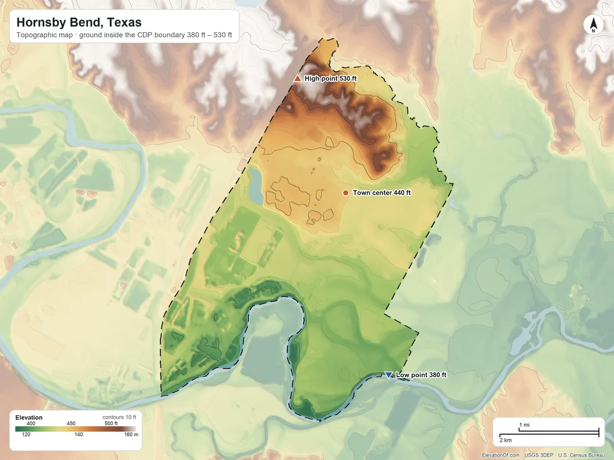 Topographic elevation map of Hornsby Bend, Texas, shaded from 380 ft on the south side to 530 ft on the northwest side