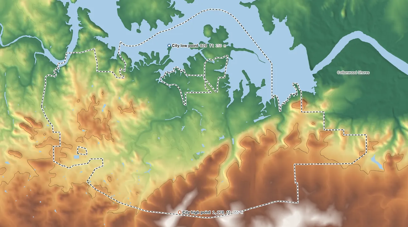 Topographic elevation map of Horseshoe Bay, Texas, shaded from 820 ft on the northwest side to 1,170 ft on the southwest side