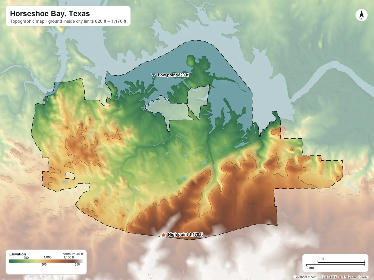 Topographic elevation map of Horseshoe Bay, Texas, shaded from 820 ft on the northwest side to 1,170 ft on the southwest side