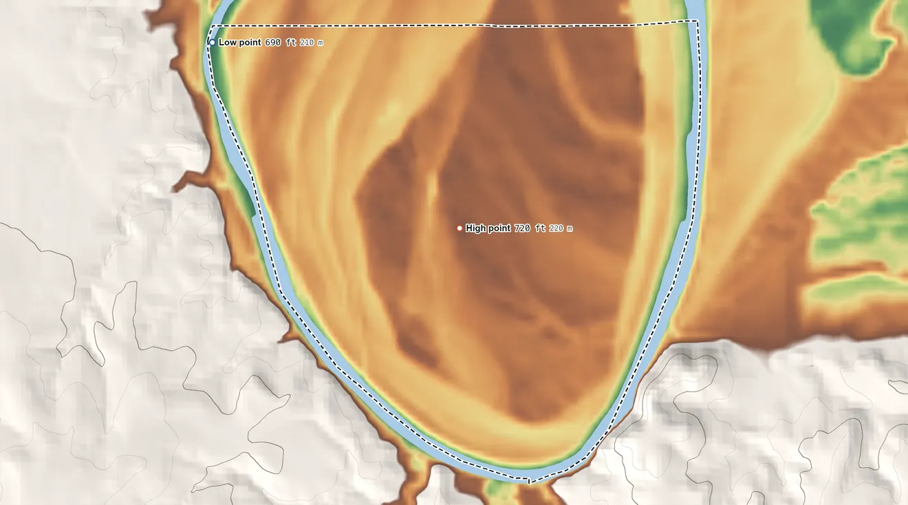 Topographic elevation map of Horseshoe Bend, Texas, shaded from 690 ft on the west side to 720 ft on the southwest side