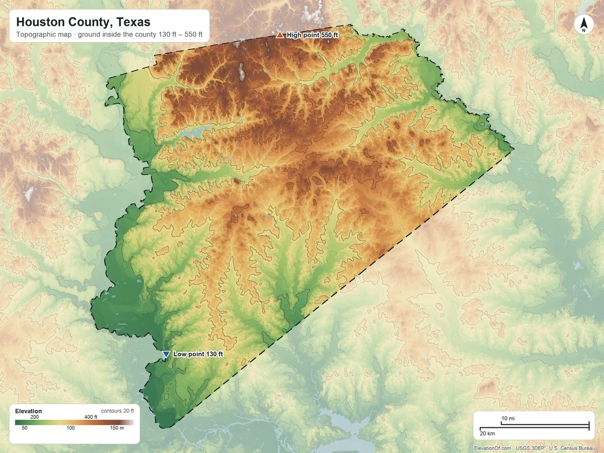 Topographic elevation map of Houston County, Texas, shaded from 130 ft on the southwest side to 550 ft on Houston Mound