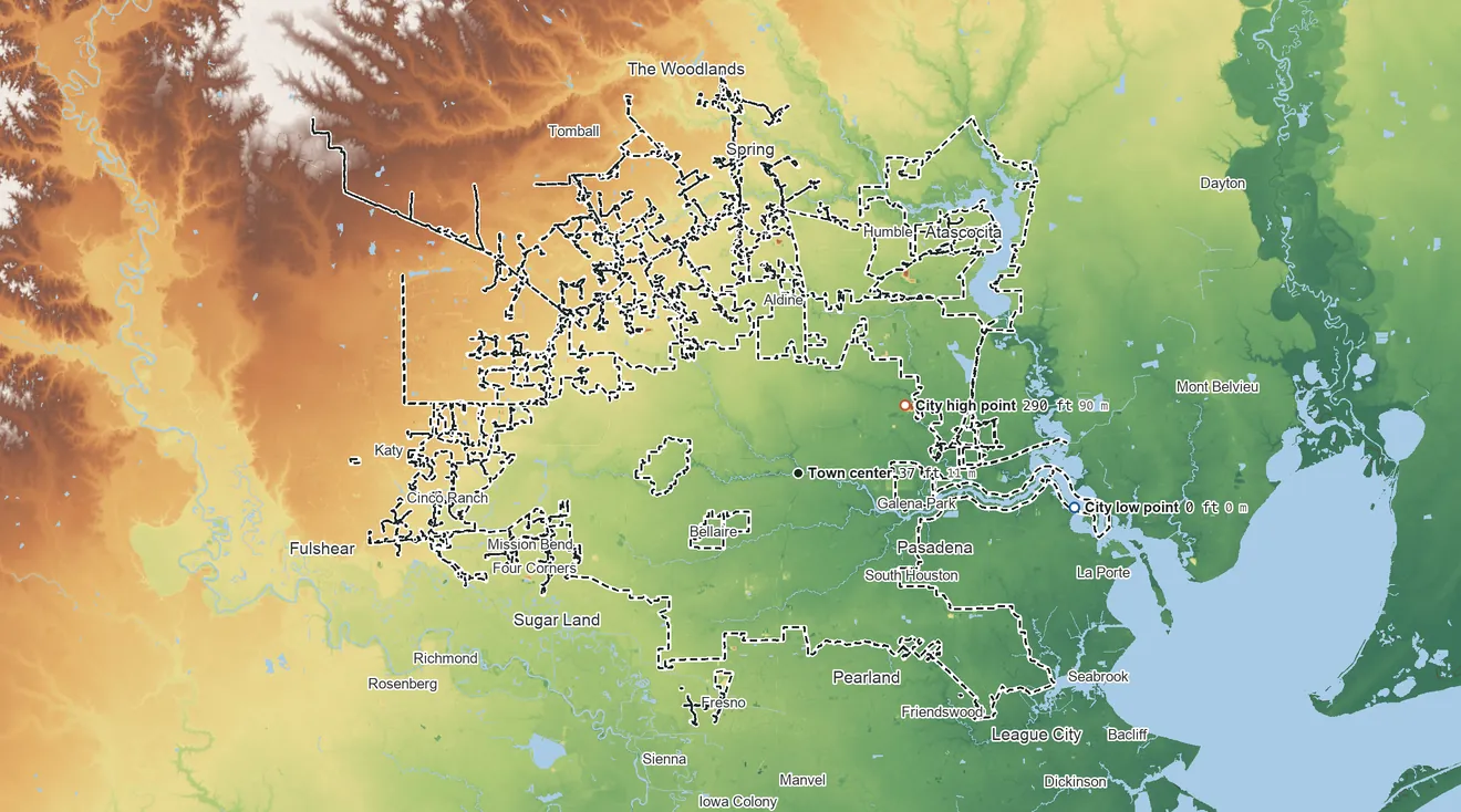 Topographic elevation map of Houston, Texas, shaded from sea level level on Upper San Jacinto Bay to 290 ft on the northeast side