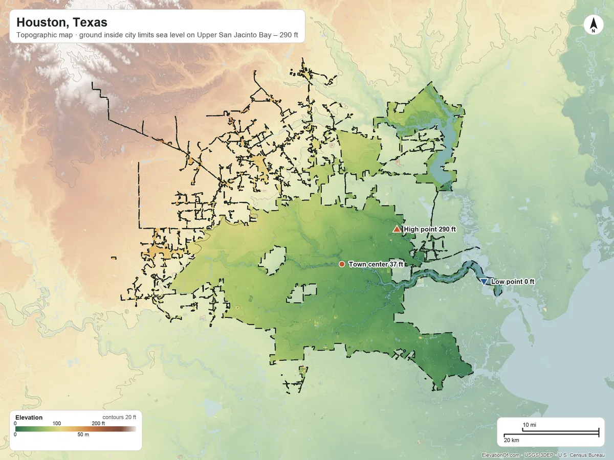 Topographic elevation map of Houston, Texas, shaded from sea level level on Upper San Jacinto Bay to 290 ft on the northeast side