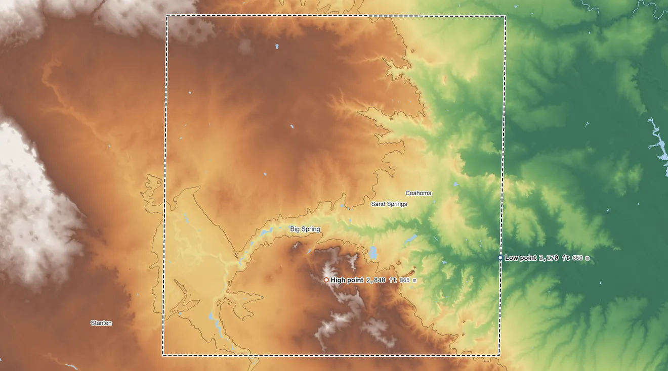 Topographic elevation map of Howard County, Texas, shaded from 2,170 ft on the southeast side to 2,840 ft on the south side