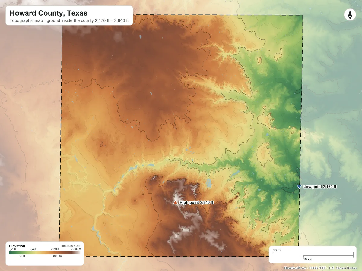 Topographic elevation map of Howard County, Texas, shaded from 2,170 ft on the southeast side to 2,840 ft on the south side