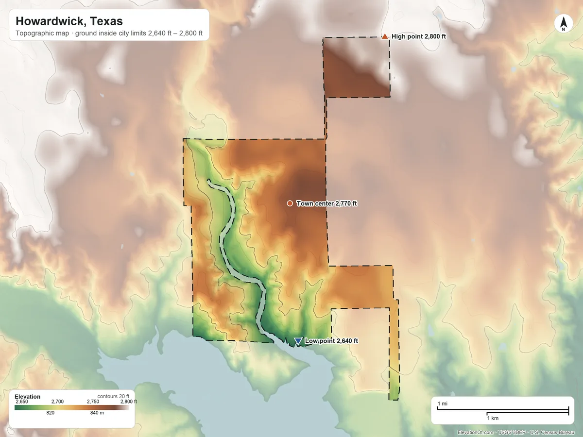 Topographic elevation map of Howardwick, Texas, shaded from 2,640 ft on the south side to 2,800 ft on the northeast side