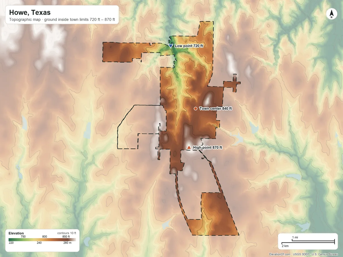 Topographic elevation map of Howe, Texas, shaded from 720 ft on the north side to 870 ft on the south side