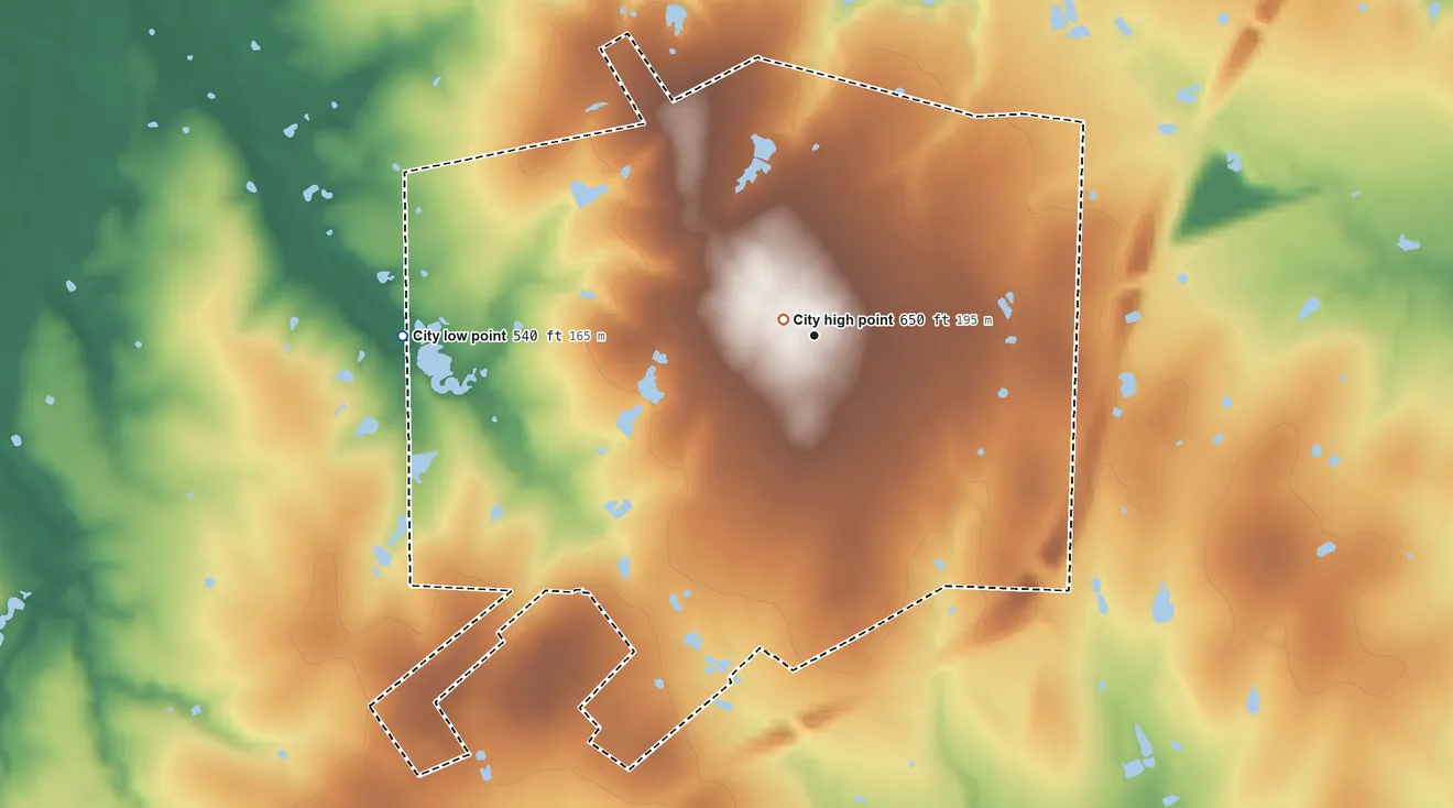 Topographic elevation map of Hubbard, Texas, shaded from 540 ft on the west side to 650 ft near the middle