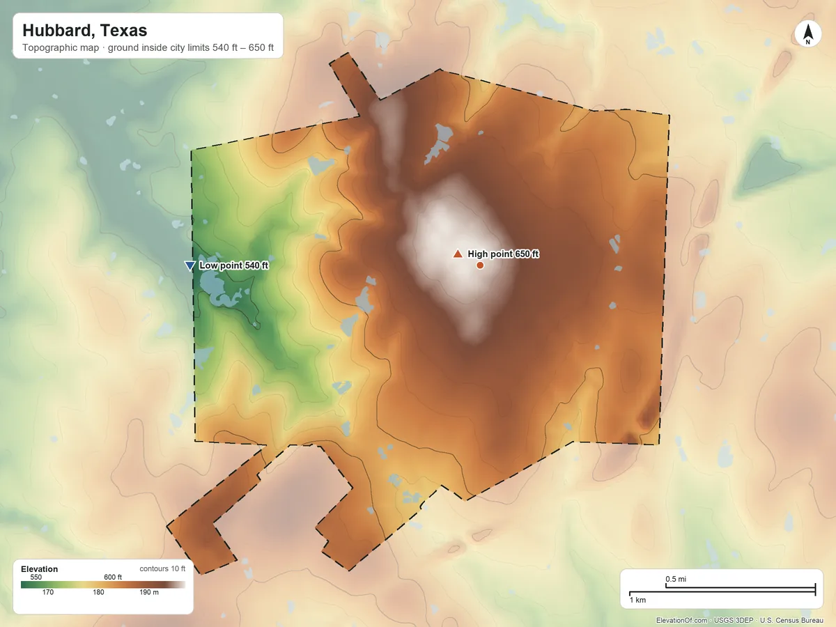 Topographic elevation map of Hubbard, Texas, shaded from 540 ft on the west side to 650 ft near the middle