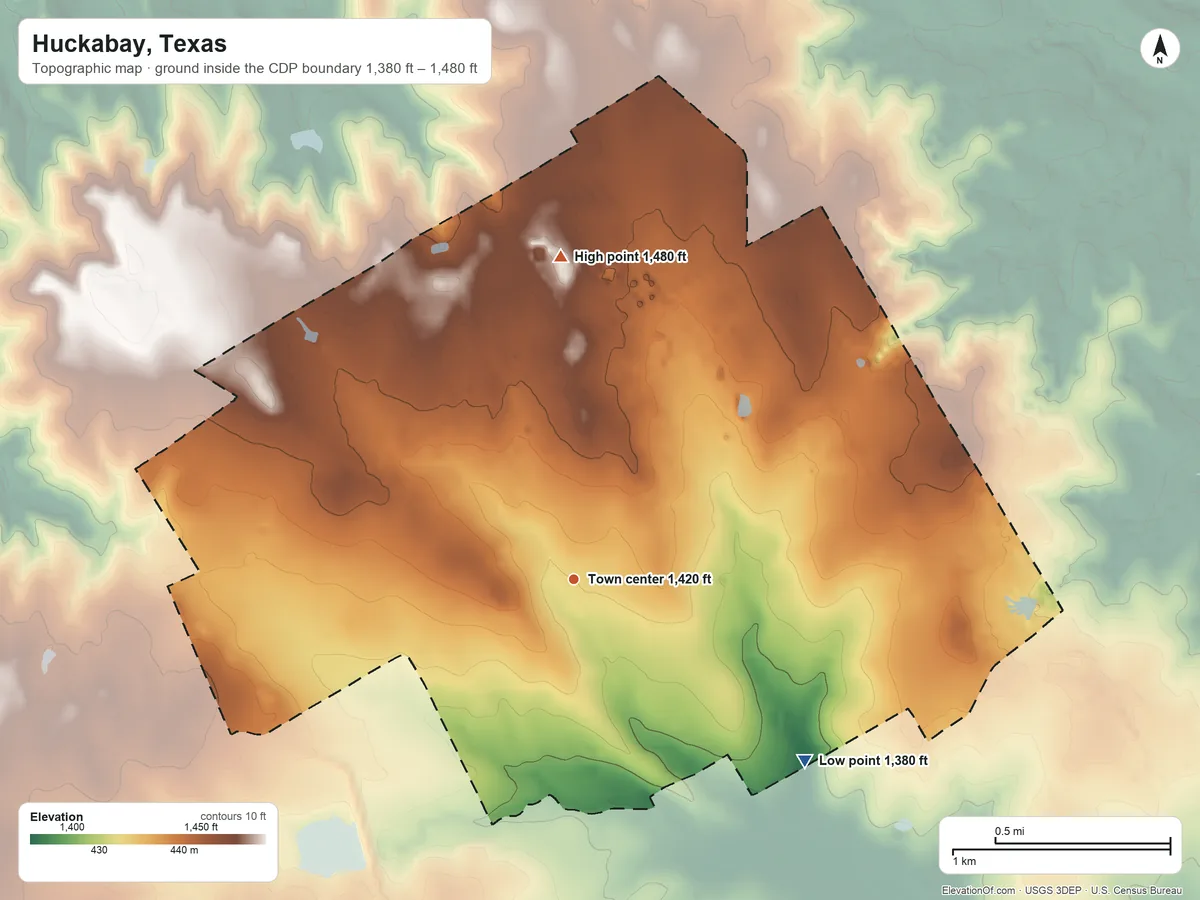 Topographic elevation map of Huckabay, Texas, shaded from 1,380 ft on the southeast side to 1,480 ft on the north side