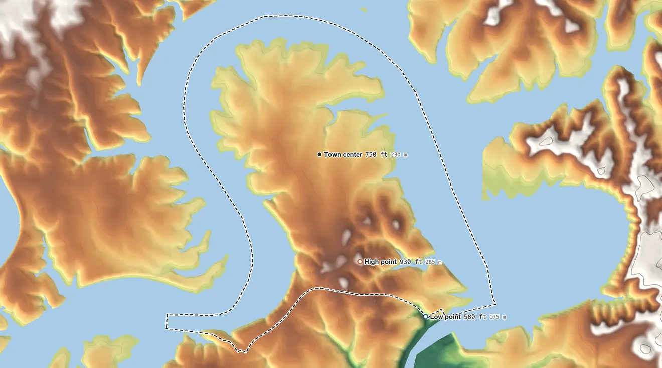 Topographic elevation map of Hudson Bend, Texas, shaded from 580 ft on the southeast side to 930 ft on the south side