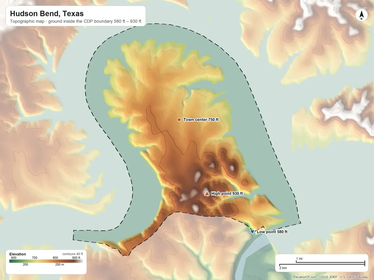 Topographic elevation map of Hudson Bend, Texas, shaded from 580 ft on the southeast side to 930 ft on the south side