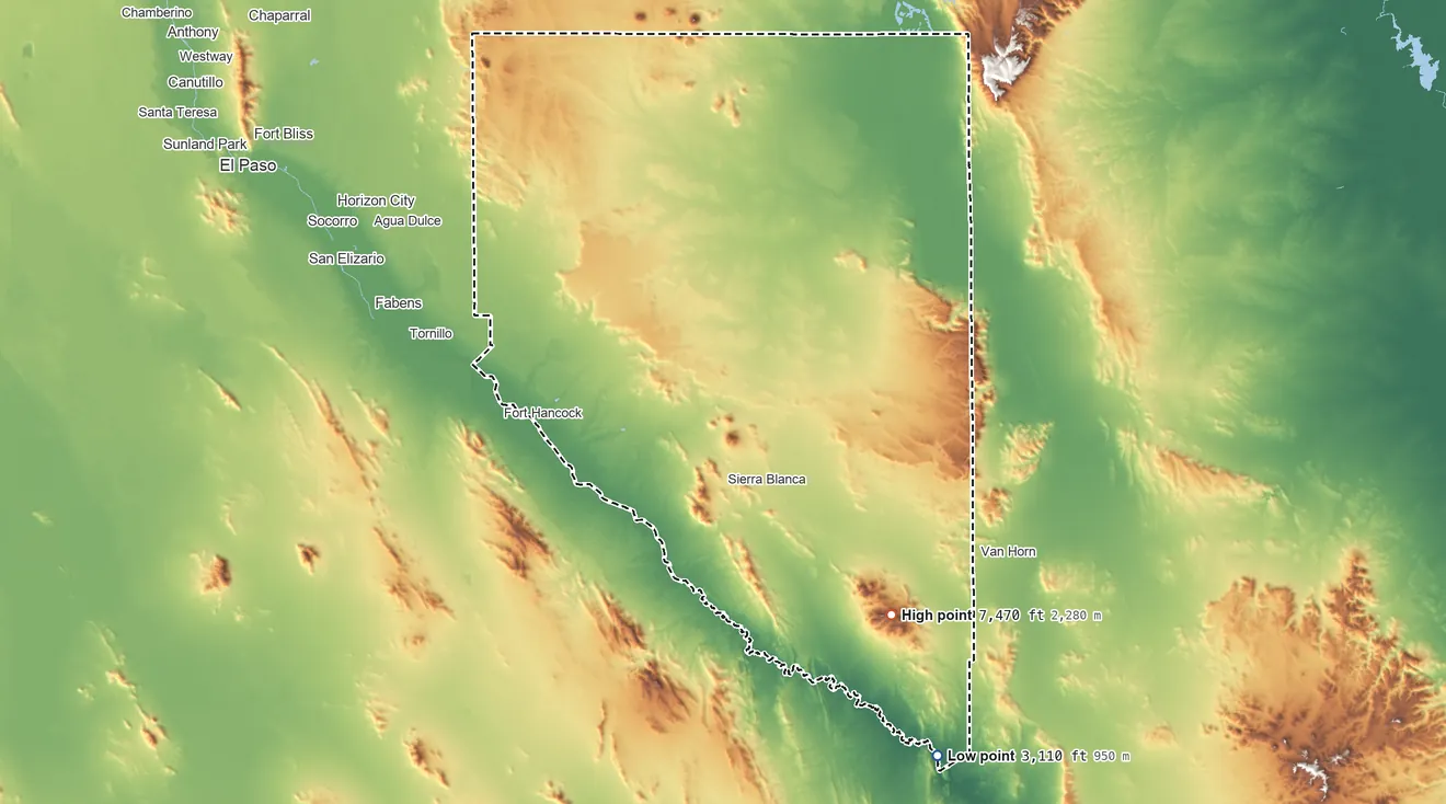 Topographic elevation map of Hudspeth County, Texas, shaded from 3,110 ft on the southeast side to 7,470 ft on Eagle Peak