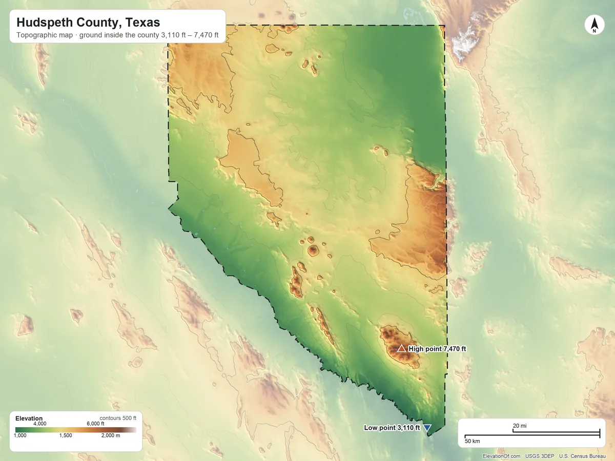 Topographic elevation map of Hudspeth County, Texas, shaded from 3,110 ft on the southeast side to 7,470 ft on Eagle Peak