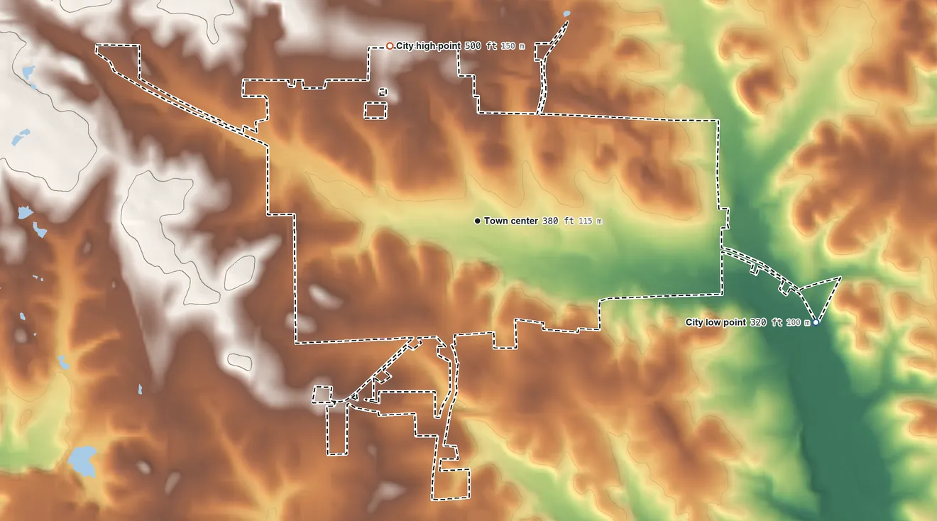 Topographic elevation map of Hughes Springs, Texas, shaded from 320 ft on the east side to 500 ft on the northwest side