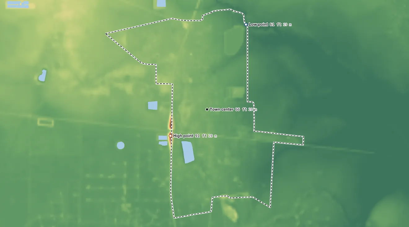 Topographic elevation map of Hull, Texas, shaded from 61 ft on the northeast side to 91 ft on the southwest side