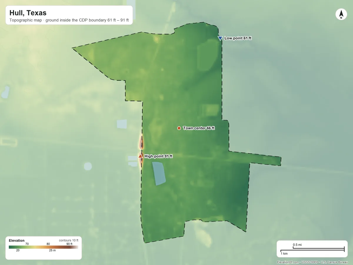 Topographic elevation map of Hull, Texas, shaded from 61 ft on the northeast side to 91 ft on the southwest side