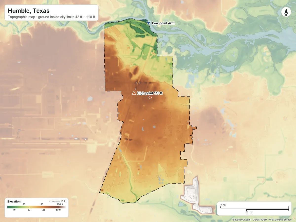 Topographic elevation map of Humble, Texas, shaded from 42 ft on the north side to 110 ft near the middle