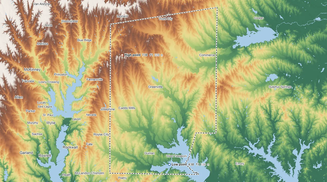 Topographic elevation map of Hunt County, Texas, shaded from 430 ft on the south side to 730 ft on the northwest side