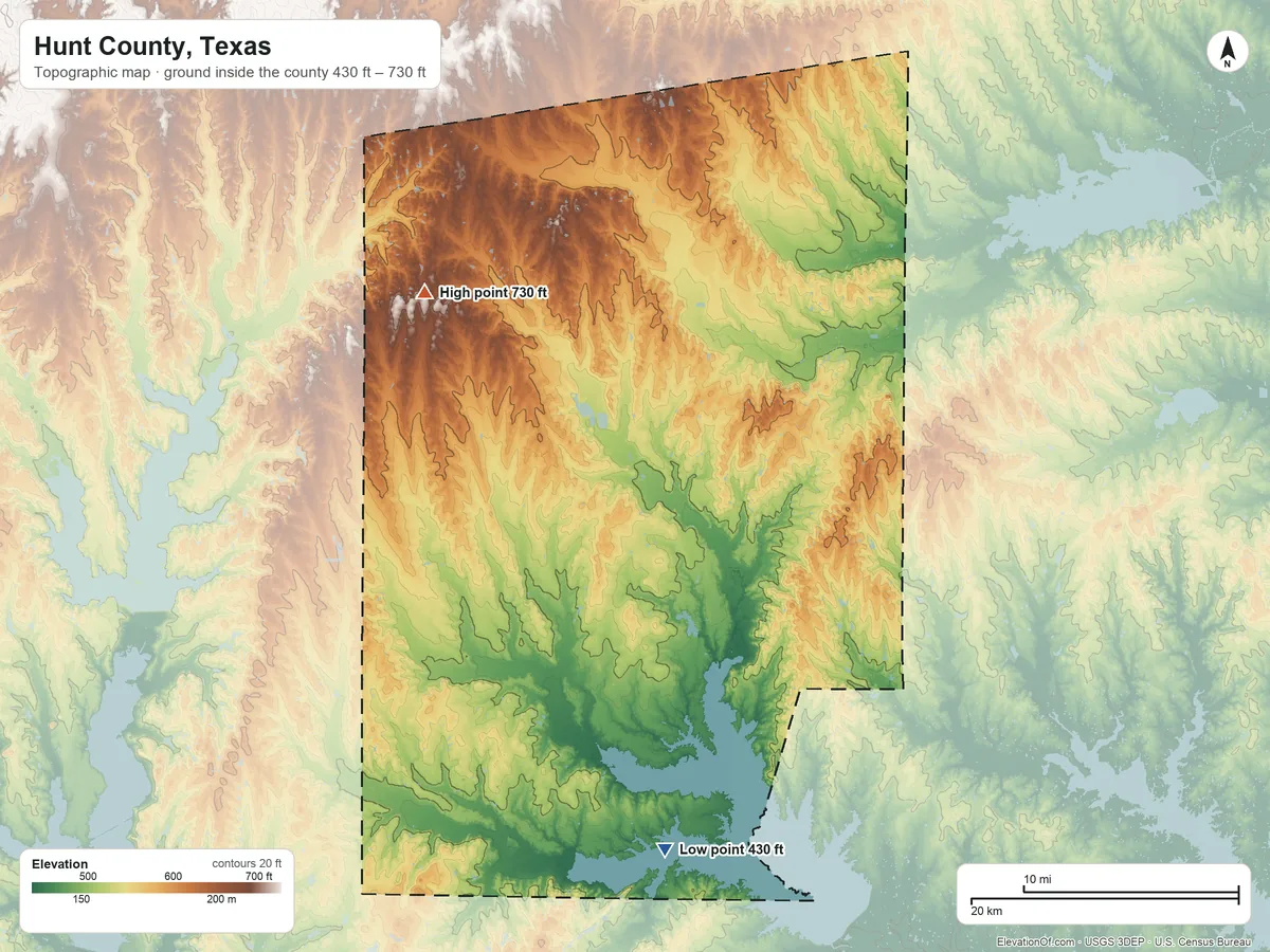 Topographic elevation map of Hunt County, Texas, shaded from 430 ft on the south side to 730 ft on the northwest side