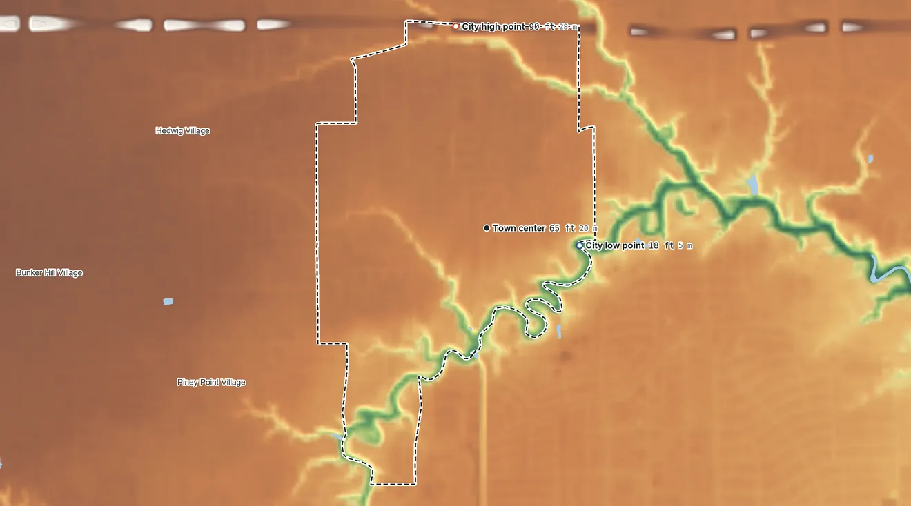 Topographic elevation map of Hunters Creek Village, Texas, shaded from 18 ft on the east side to 90 ft on the north side
